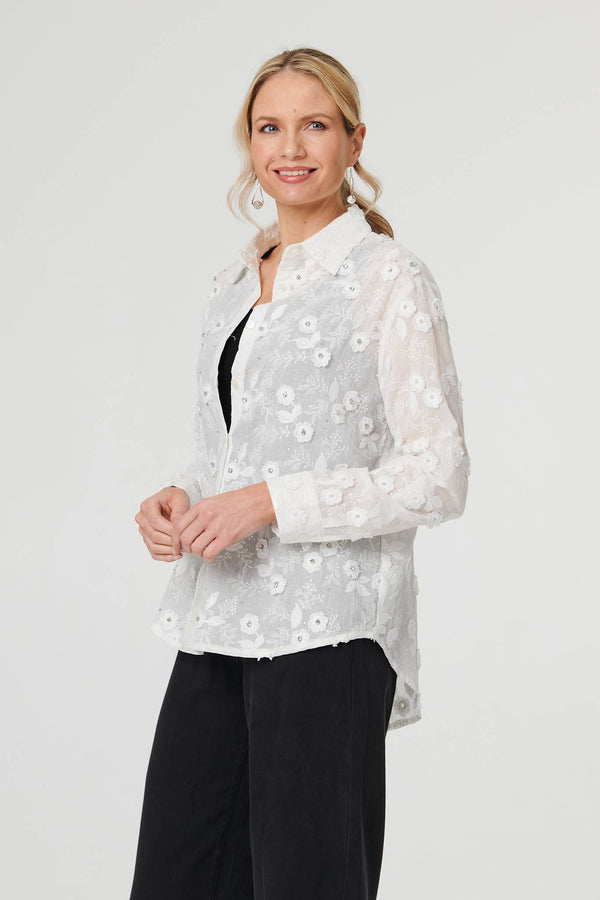 White | Floral Lace Embroidered Semi Sheer Shirt