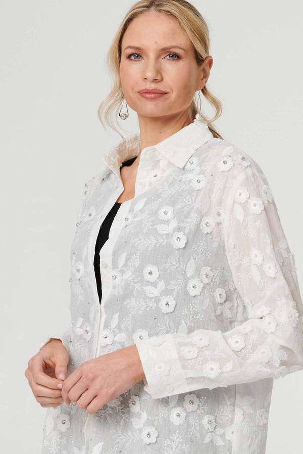 White | Floral Lace Embroidered Semi Sheer Shirt