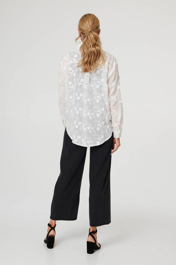 White | Floral Lace Embroidered Semi Sheer Shirt