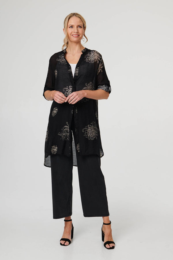 Black | Floral Semi Sheer Longline Tunic Shirt