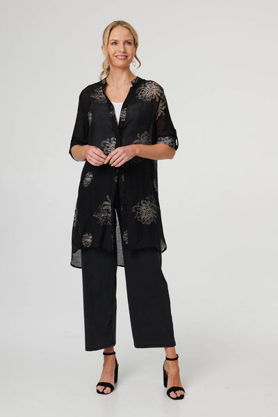Black | Floral Semi Sheer Longline Tunic Shirt