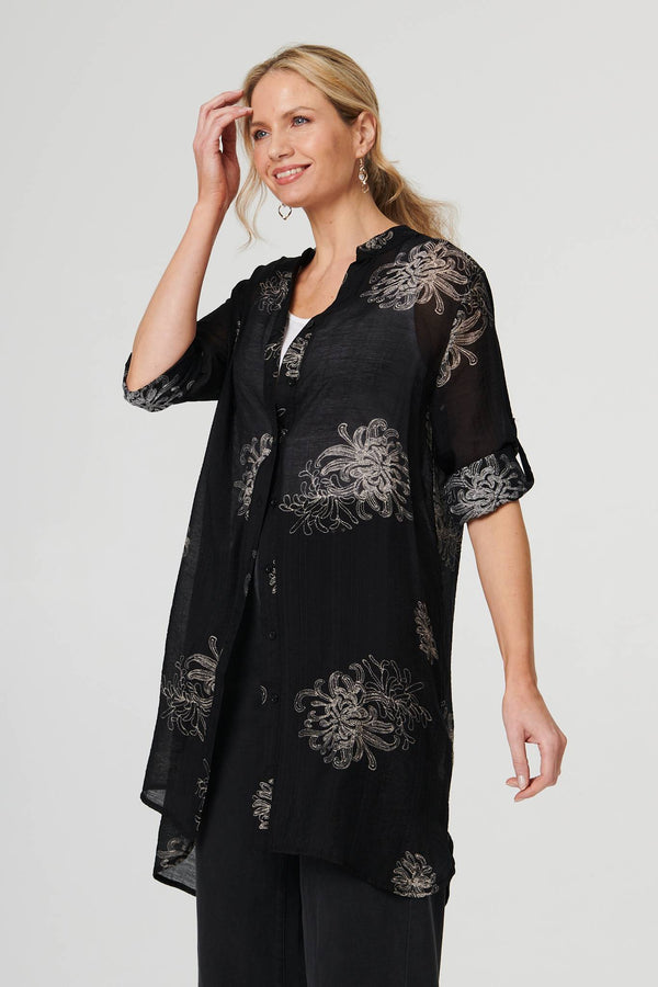 Black | Floral Semi Sheer Longline Tunic Shirt