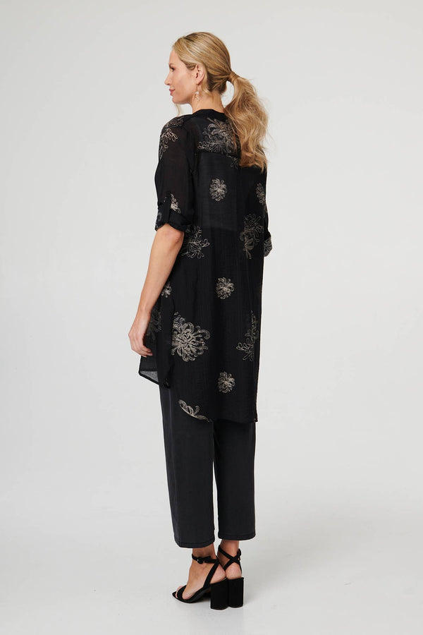 Black | Floral Semi Sheer Longline Tunic Shirt
