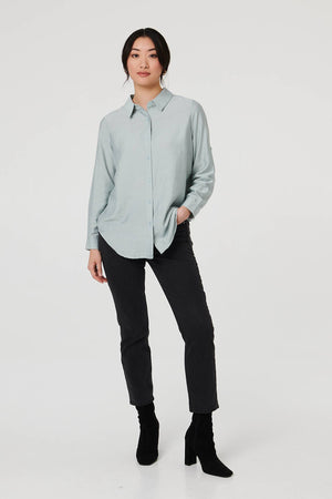 Blue | Button-Up Curve Hem Relaxed Shirt