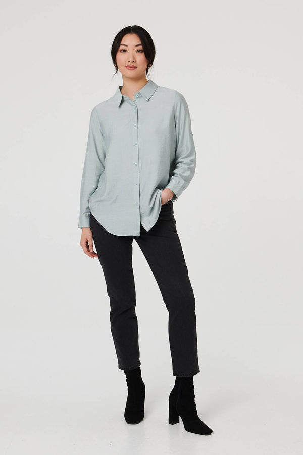 Blue | Button-Up Curve Hem Relaxed Shirt