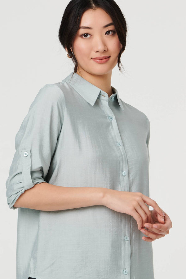 Blue | Button-Up Curve Hem Relaxed Shirt