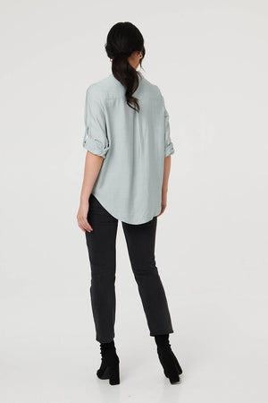Blue | Button-Up Curve Hem Relaxed Shirt