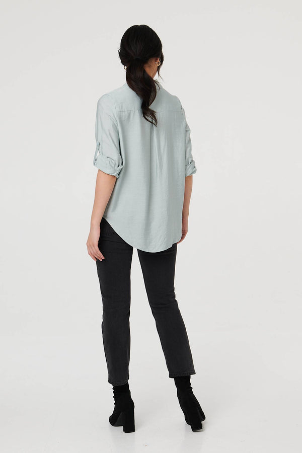 Blue | Button-Up Curve Hem Relaxed Shirt
