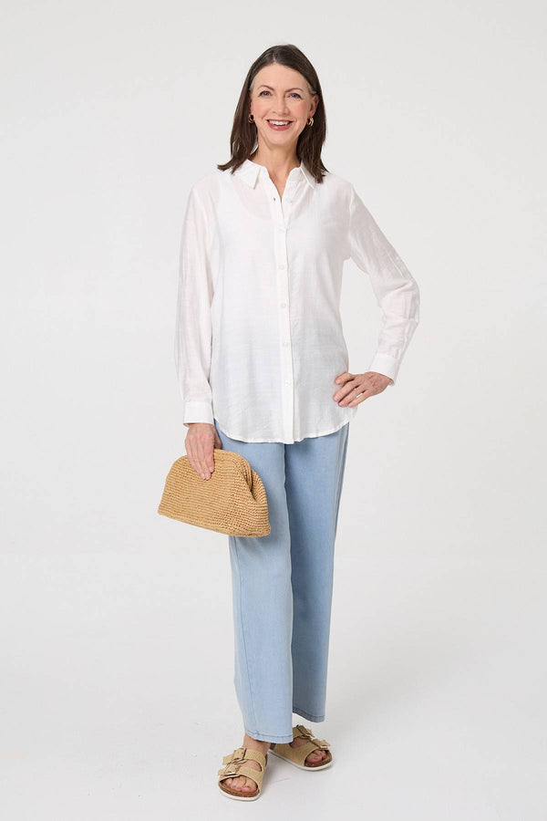 White | Button-Up Curve Hem Relaxed Shirt