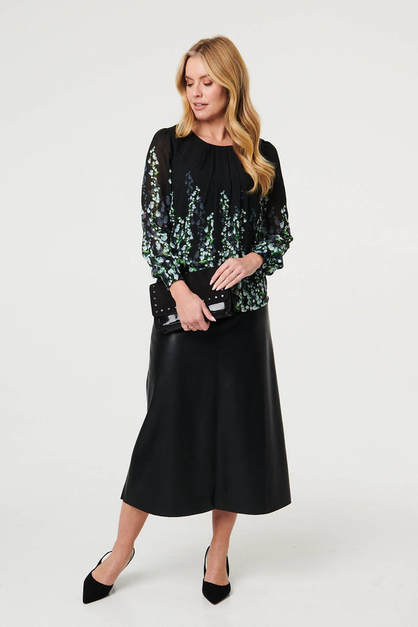 Black | Floral Long Sleeve Semi Sheer Blouse
