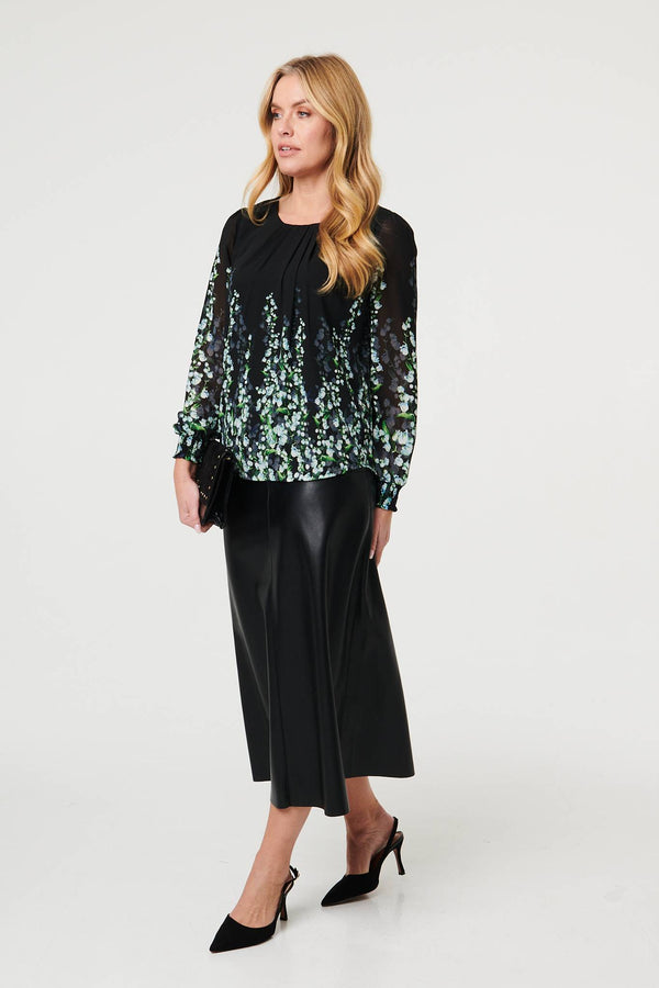 Black | Floral Long Sleeve Semi Sheer Blouse
