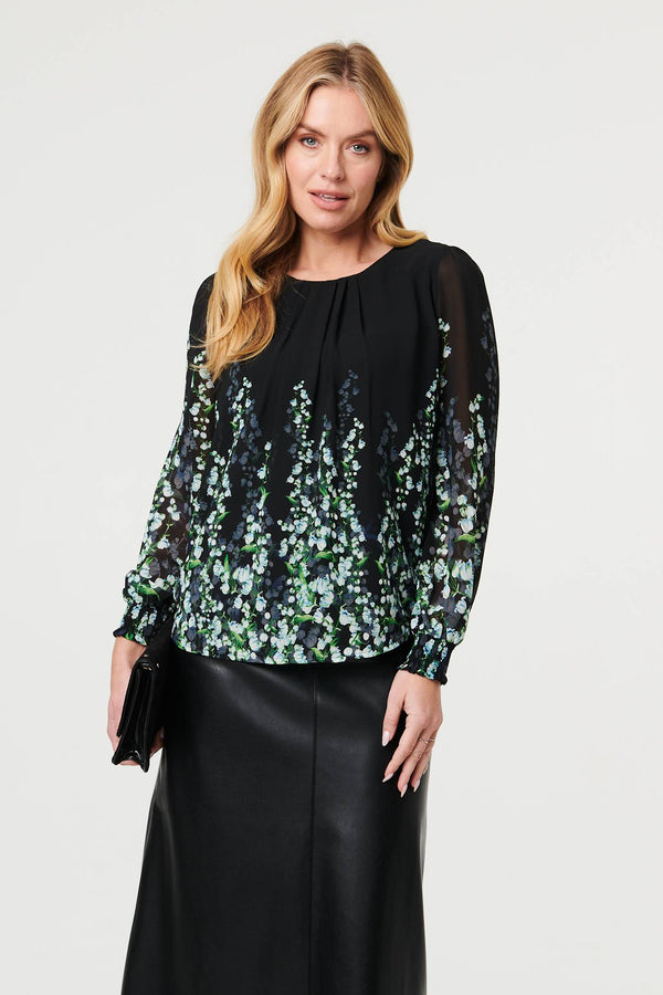Black | Floral Long Sleeve Semi Sheer Blouse
