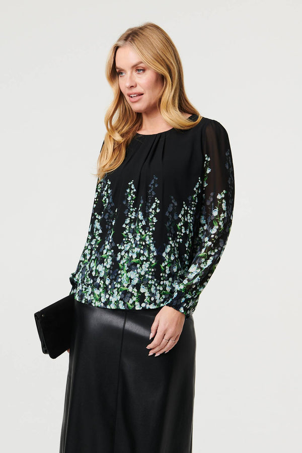 Black | Floral Long Sleeve Semi Sheer Blouse
