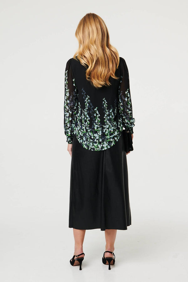 Black | Floral Long Sleeve Semi Sheer Blouse
