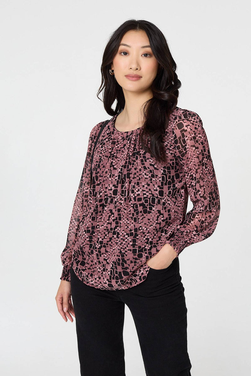 Printed Ruched Semi Sheer Blouse