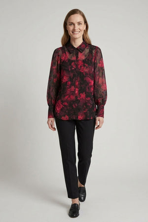 Red | Floral Long Sleeve Curve Hem Shirt
