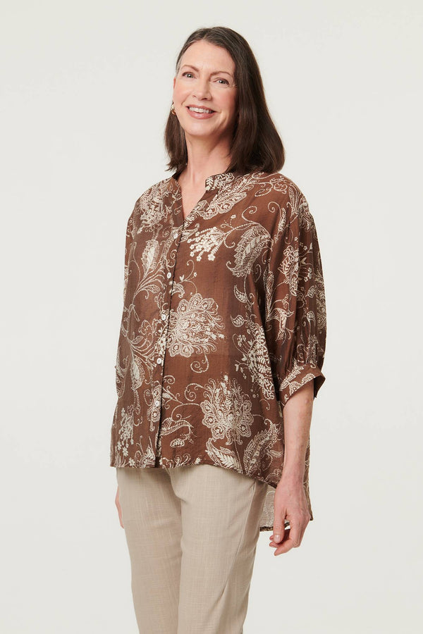 Beige | Paisley Print 3/4 Sleeve Relaxed Blouse