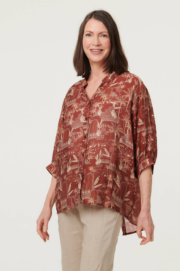 Rust | Printed 3/4 Sleeve Semi Sheer Blouse