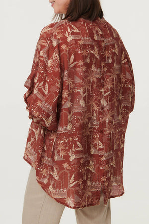 Rust | Printed 3/4 Sleeve Semi Sheer Blouse