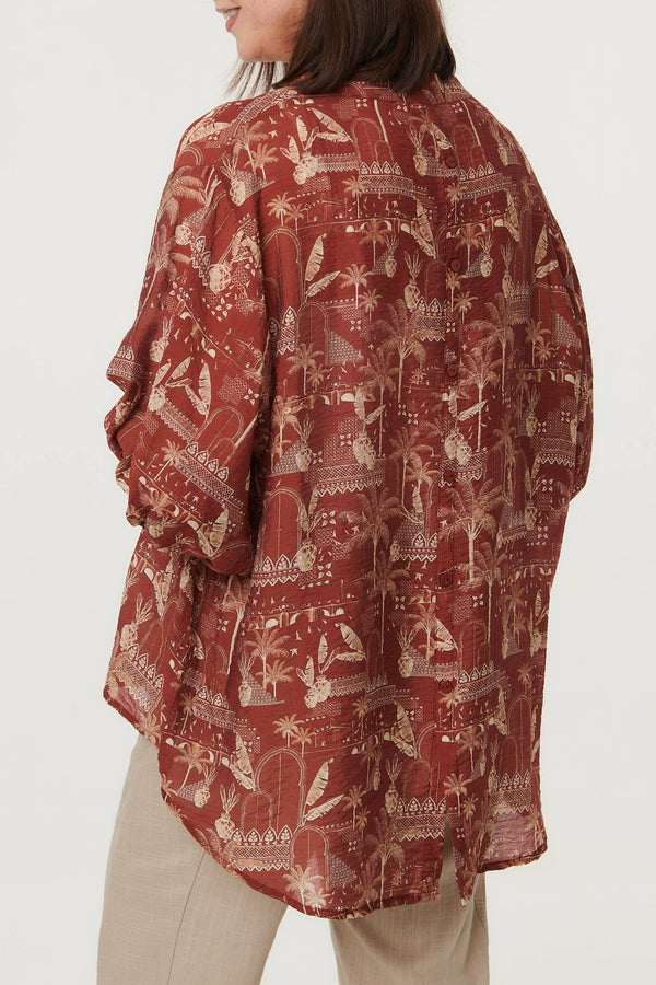 Rust | Printed 3/4 Sleeve Semi Sheer Blouse