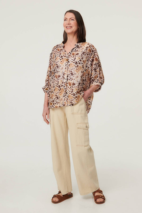 Beige | Animal Print 3/4 Sleeve Blouse