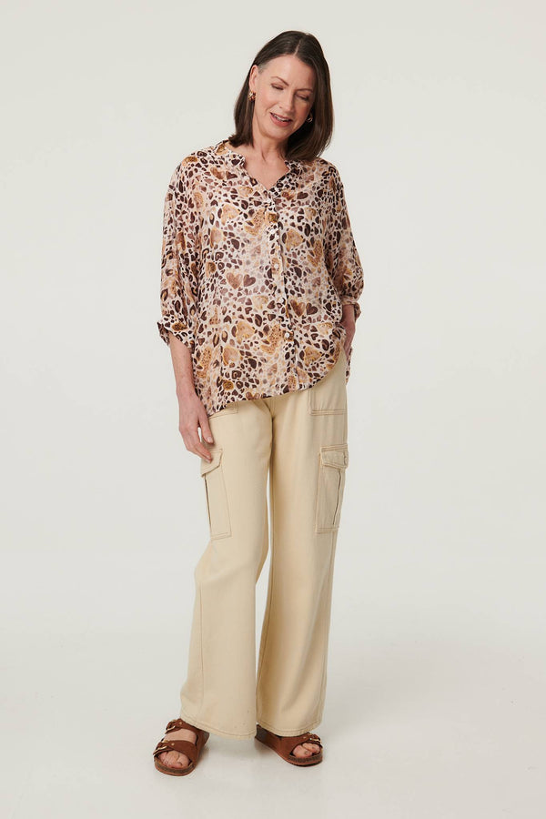 Beige | Animal Print 3/4 Sleeve Blouse
