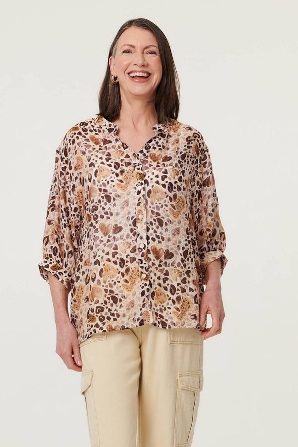 Beige | Animal Print 3/4 Sleeve Blouse