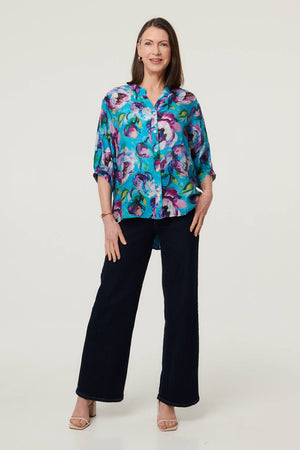 Blue | Floral Button 3/4 Sleeve Relaxed Blouse