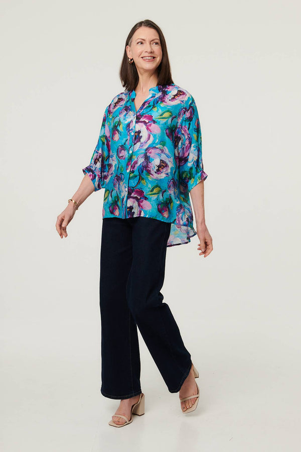 Blue | Floral Button 3/4 Sleeve Relaxed Blouse