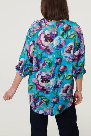 Blue | Floral Button 3/4 Sleeve Relaxed Blouse