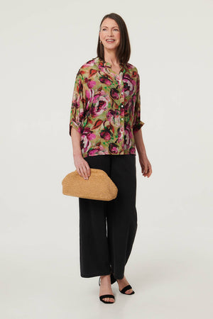 Pink | Floral Button 3/4 Sleeve Relaxed Blouse
