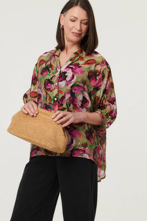 Pink | Floral Button 3/4 Sleeve Relaxed Blouse : Model is 5'8