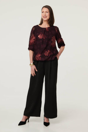 Burgundy | Floral Mesh Layered 1/2 Sleeve Blouse
