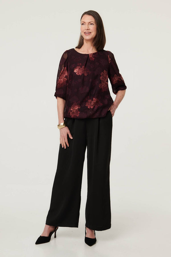 Burgundy | Floral Mesh Layered 1/2 Sleeve Blouse