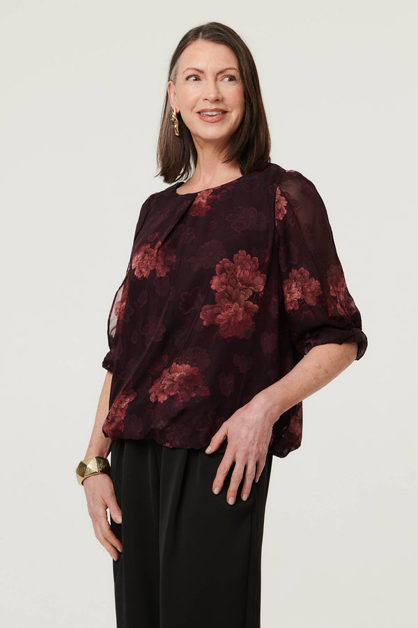 Burgundy | Floral Mesh Layered 1/2 Sleeve Blouse