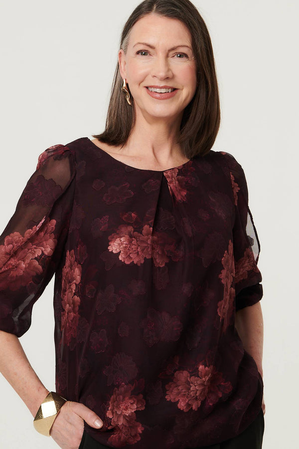 Burgundy | Floral Mesh Layered 1/2 Sleeve Blouse