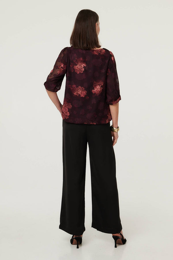 Burgundy | Floral Mesh Layered 1/2 Sleeve Blouse