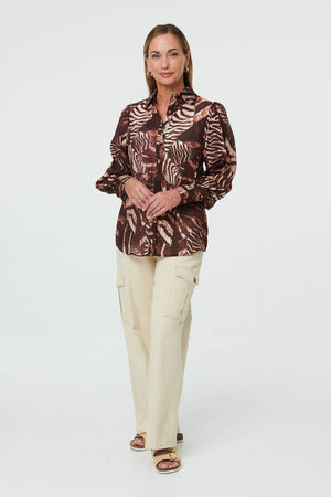Brown | Animal Print Long Balloon Sleeve Shirt