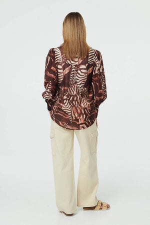 Brown | Animal Print Long Balloon Sleeve Shirt