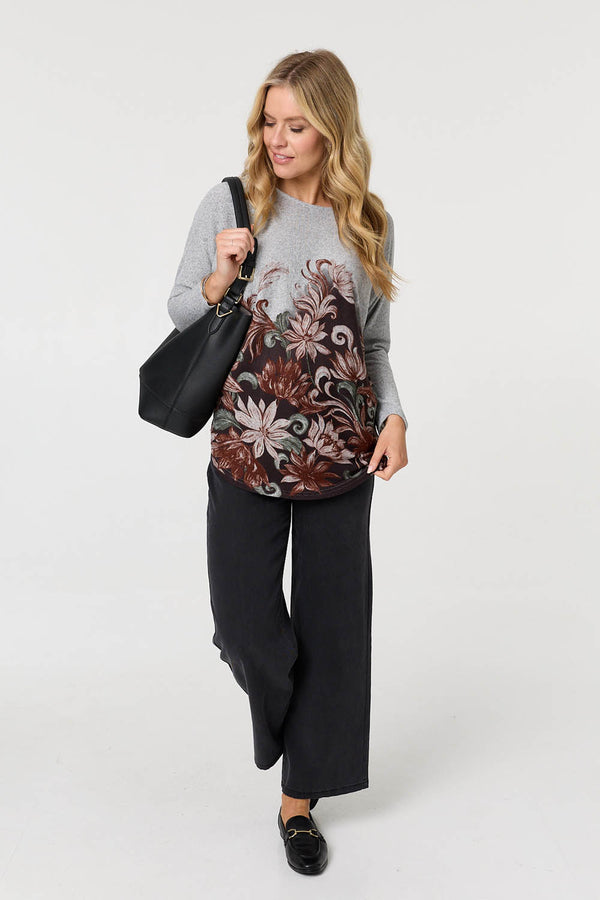 Brown | Floral Relaxed Long Batwing Sleeve Top