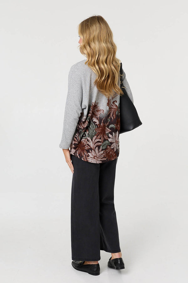 Brown | Floral Relaxed Long Batwing Sleeve Top