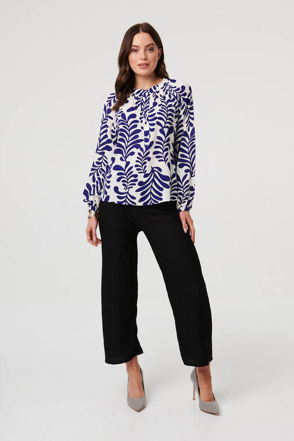 Blue | Leaf Print Long Sleeve Ruched Blouse