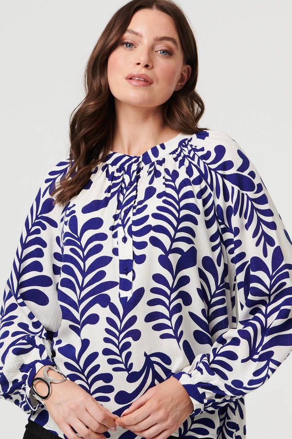 Blue | Leaf Print Long Sleeve Ruched Blouse