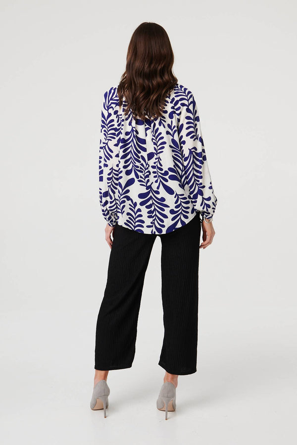Blue | Leaf Print Long Sleeve Ruched Blouse