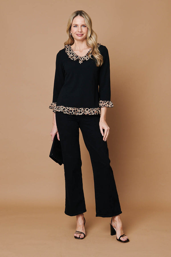 Black | Animal Print Frill Trim 3/4 Sleeve Top