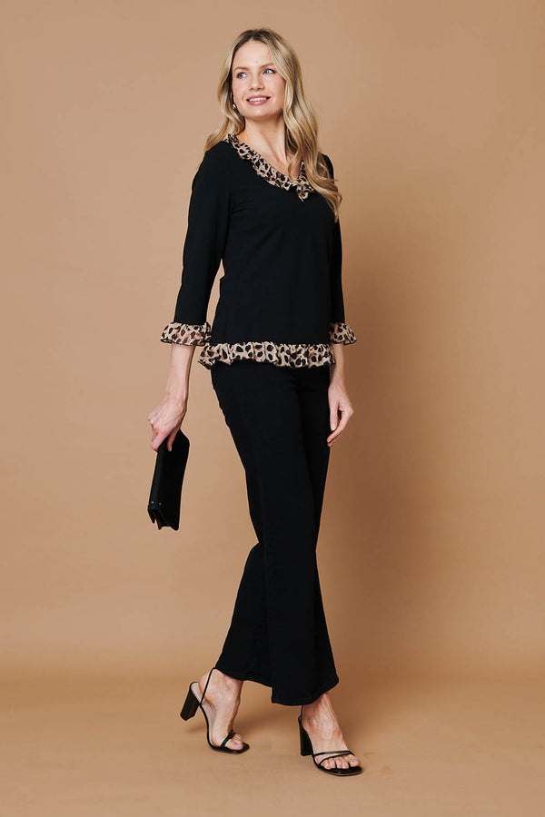 Black | Animal Print Frill Trim 3/4 Sleeve Top