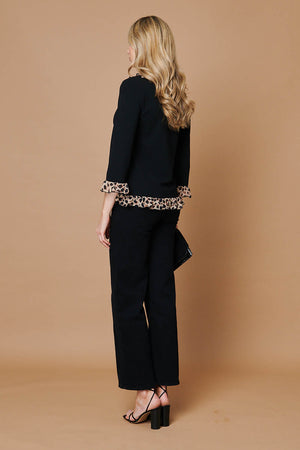 Black | Animal Print Frill Trim 3/4 Sleeve Top