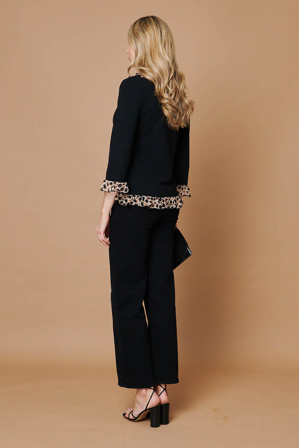 Black | Animal Print Frill Trim 3/4 Sleeve Top