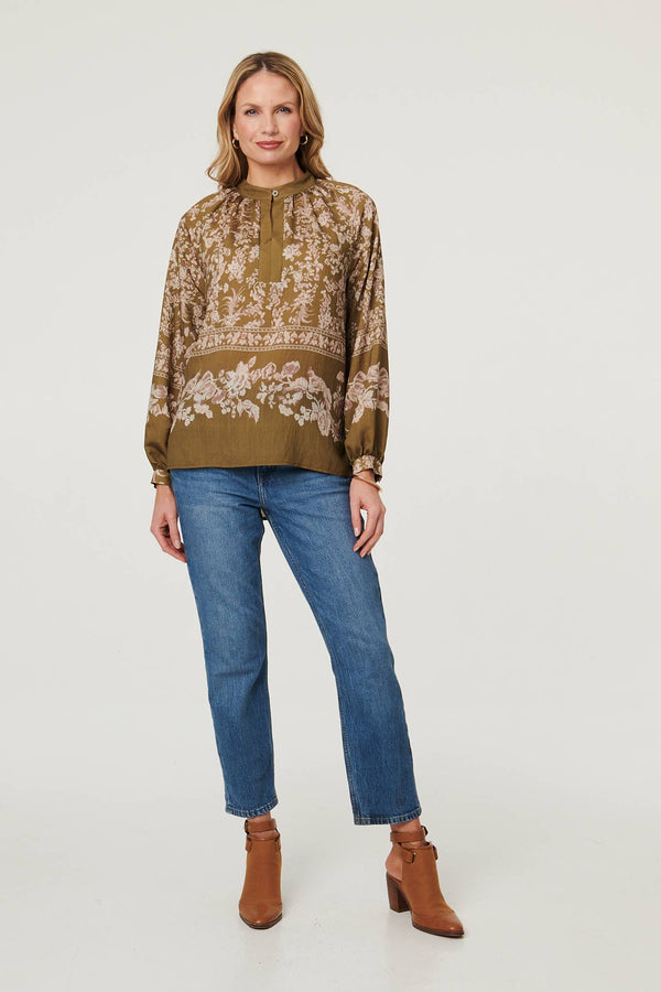 Green | Floral Long Sleeve High Neck Blouse
