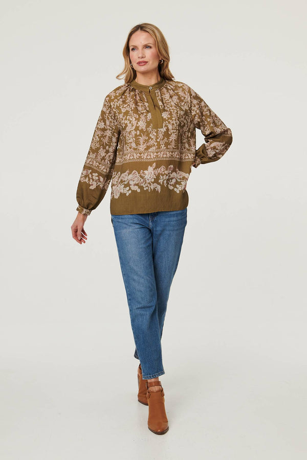 Green | Floral Long Sleeve High Neck Blouse